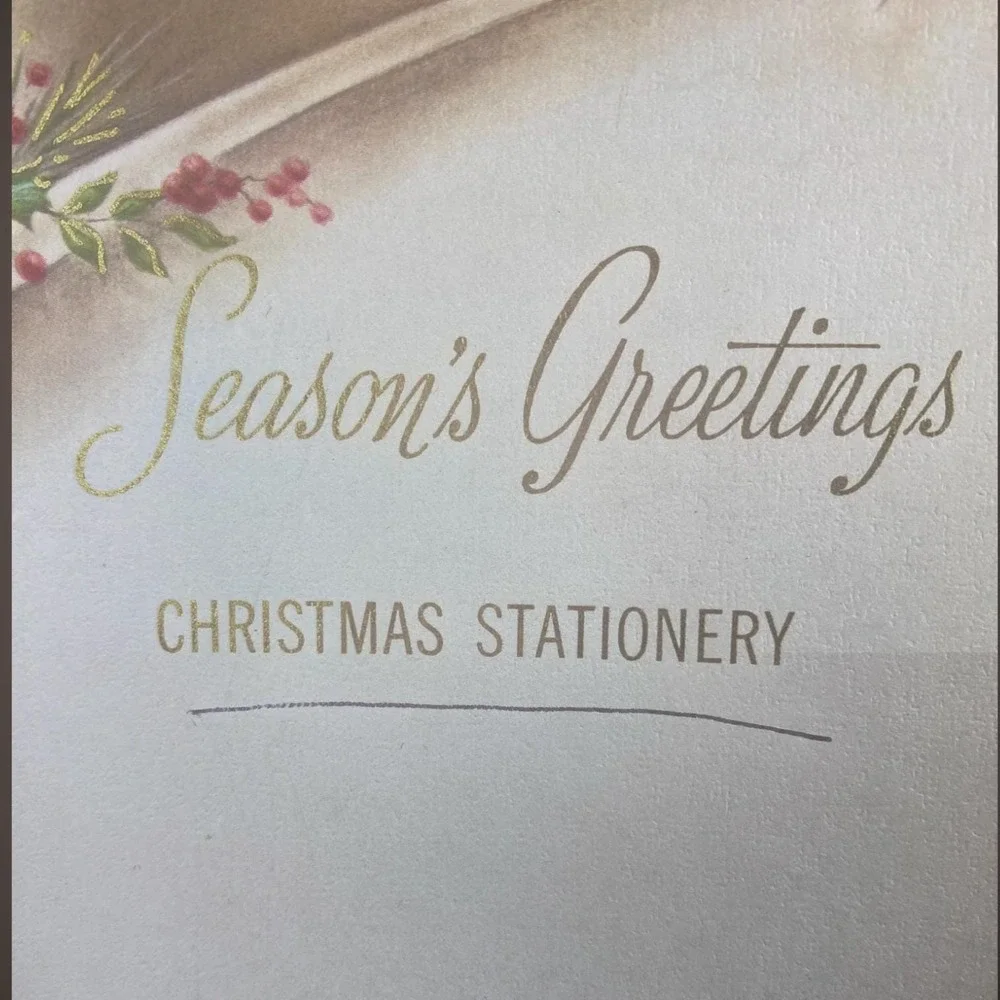 Season's Greetings Christmas Stationery‎ Set OPEN Box 1950s 60s Holly Candle Art
